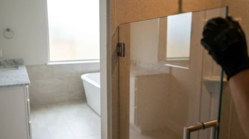 Frameless glass shower panel mounted against a fiberglass shower wall