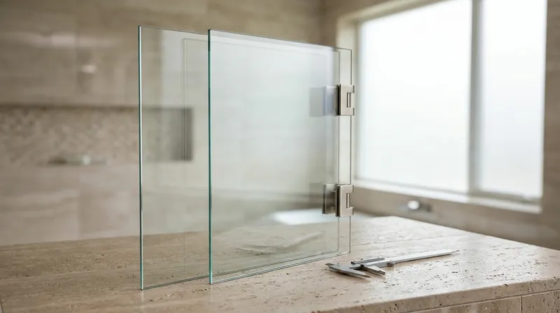 Two clear glass shower panels side by side on a natural stone surface comparing thicknesses
