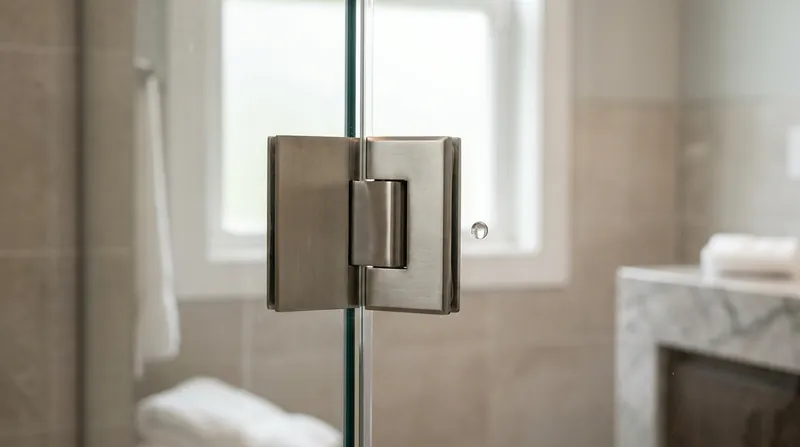 Brushed nickel hinge attached to a frameless glass shower panel