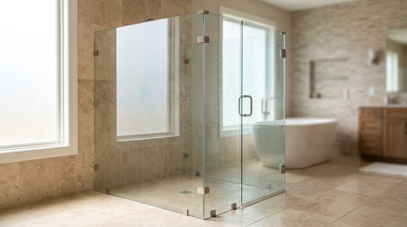 Free-standing frameless 90-degree corner shower in a Charlotte master bath