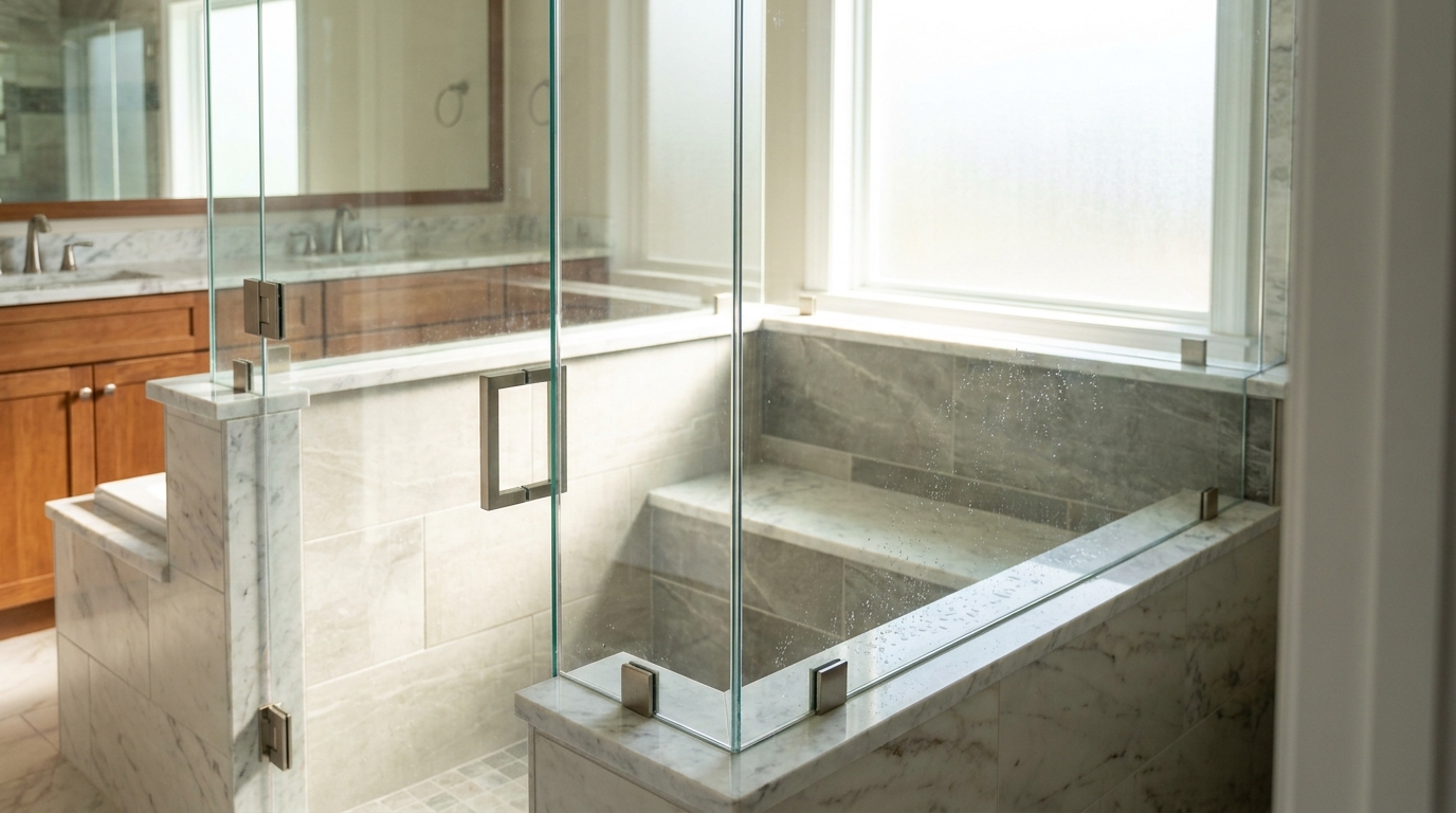 Frameless 90-degree corner shower with knee wall and notched glass in a Charlotte master bath