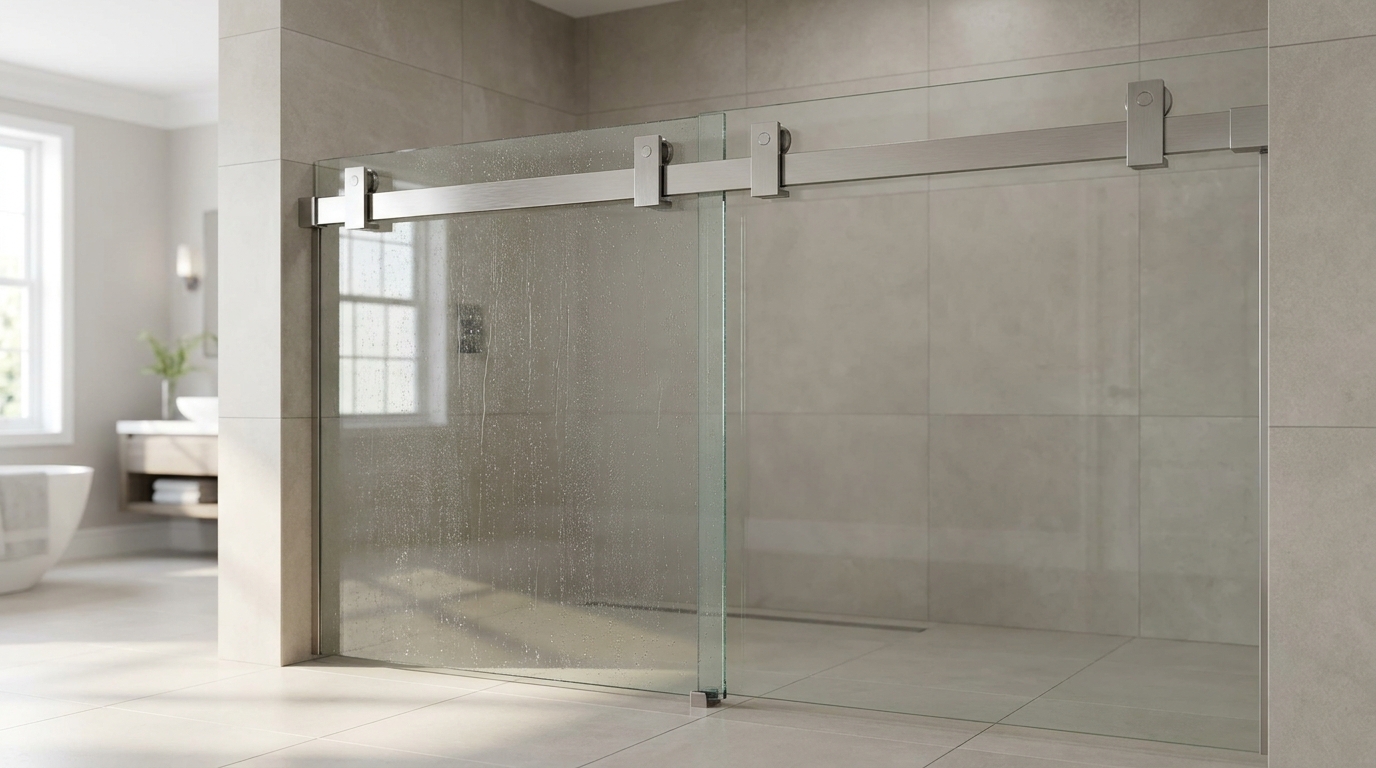 CRL Crescent frameless barn-style sliding shower door in a Charlotte master bath