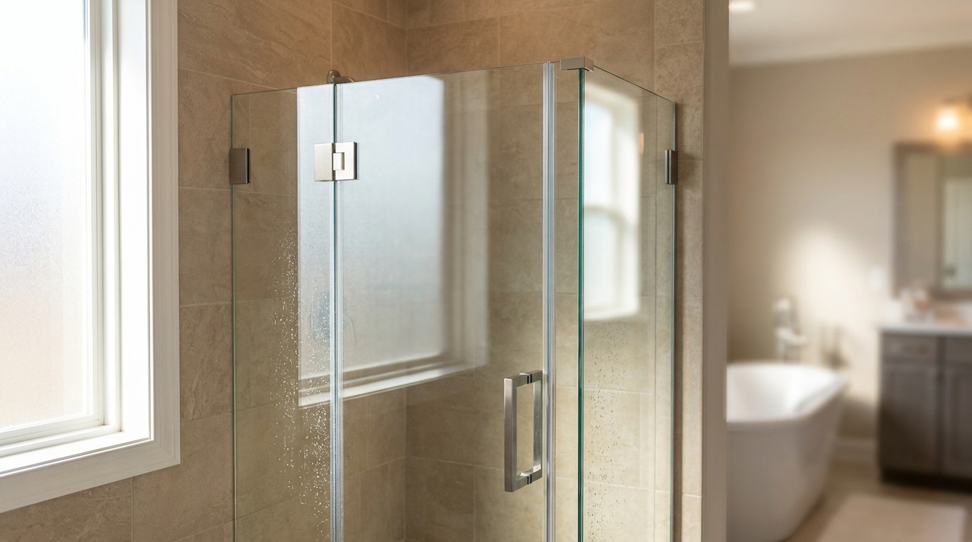 Frameless glass shower door with fixed panel in a Charlotte master bath