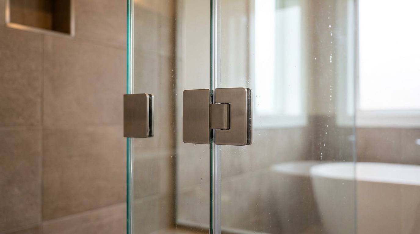 Frameless shower door with glass-to-glass hinges in a Charlotte master bath