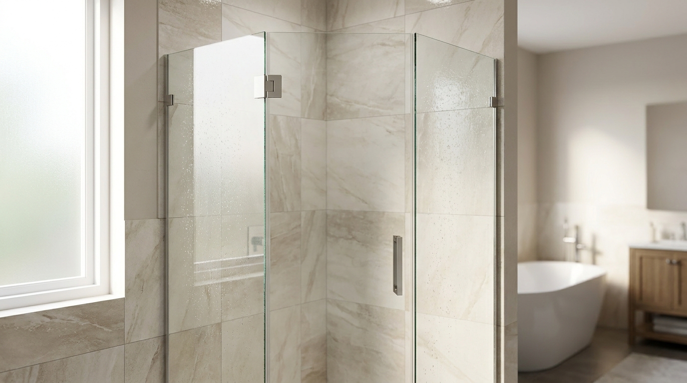 Neo-angle frameless shower with centered glass door in a Charlotte master bath