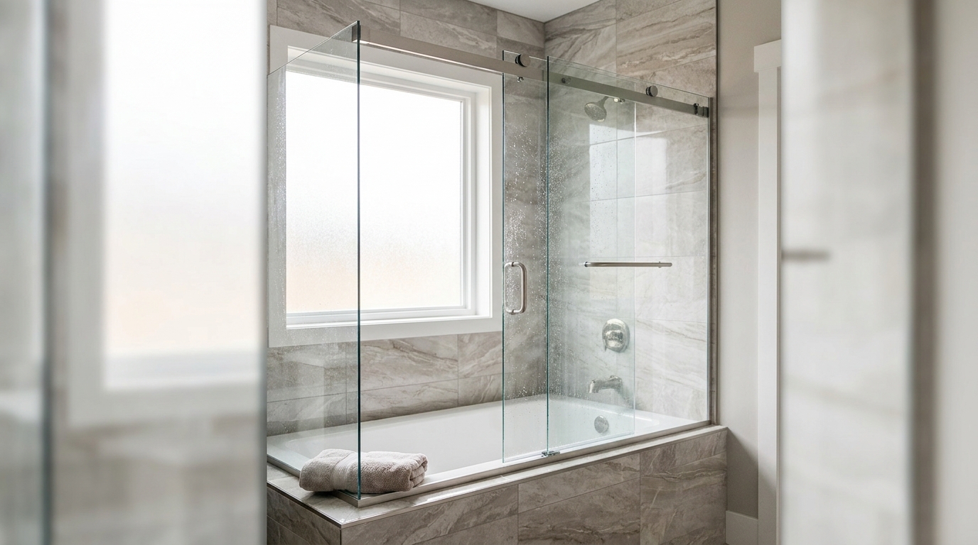 Semi-frameless 350 Deluxe bypass sliding shower door in a Matthews NC bath