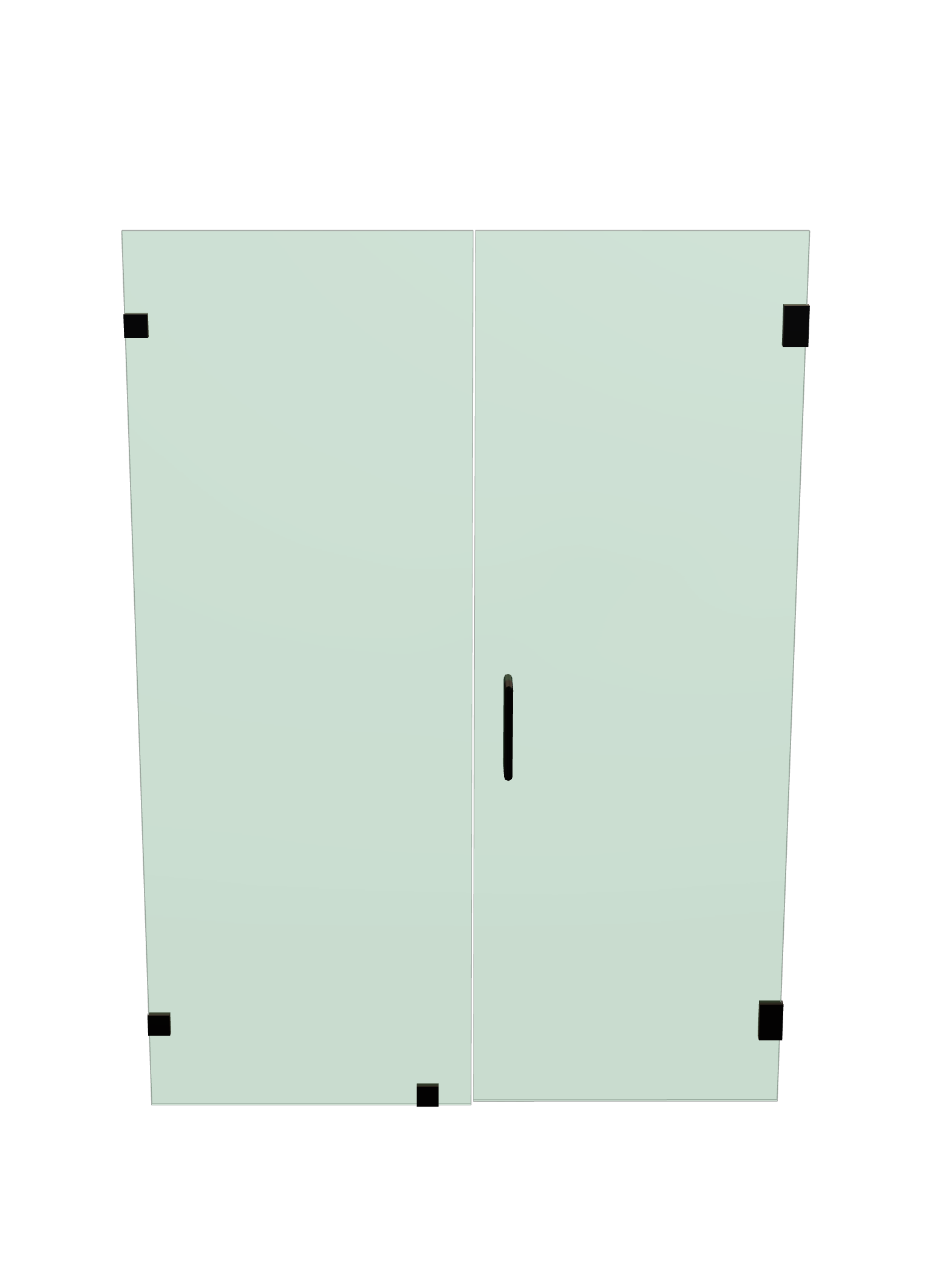Elevation diagram of a frameless shower: a hinged glass door on the right with a vertical handle beside a fixed glass panel on the left, showing corner mounting clips and hinge positions.