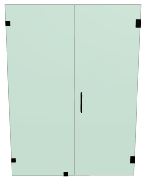 Diagram of a frameless swing door paired with a fixed glass panel, showing the door handle and the clip and hinge hardware locations.