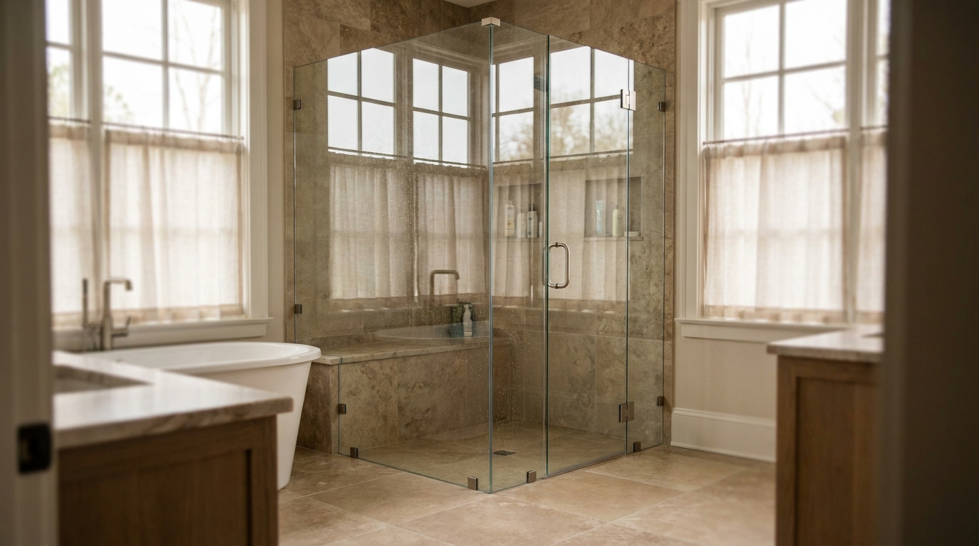 Two-panel frameless corner shower with hinged door in Matthews NC