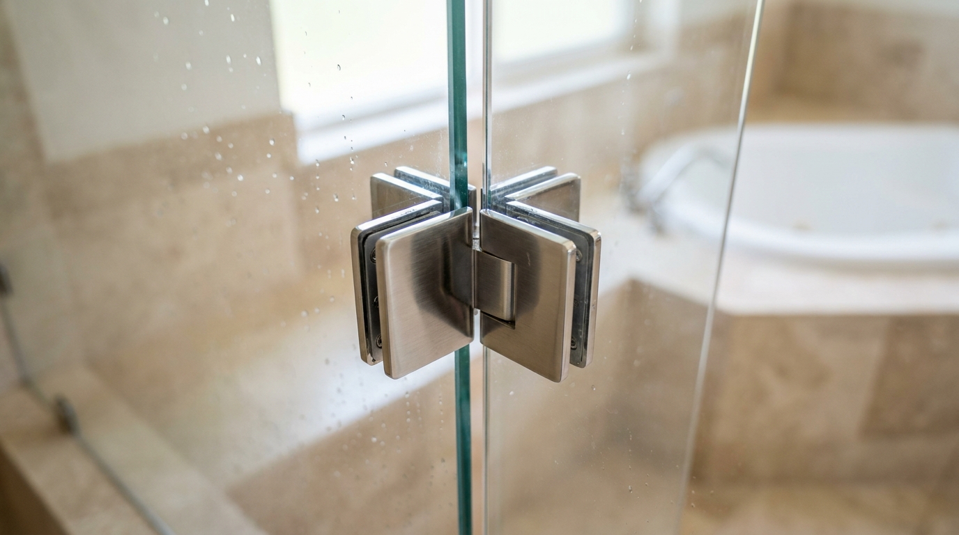 Detail of 90-degree corner clip joining two glass panels
