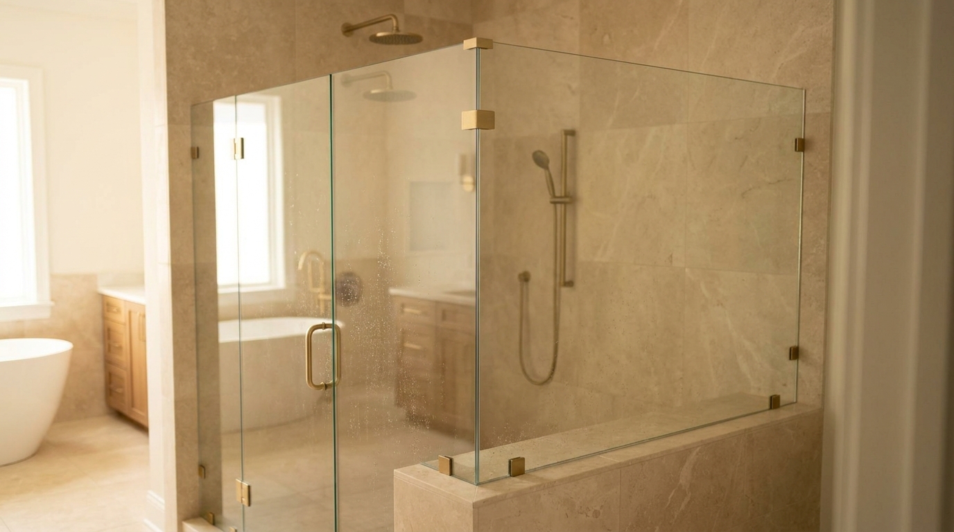 Brushed gold hardware on a frameless corner shower with beige limestone tile