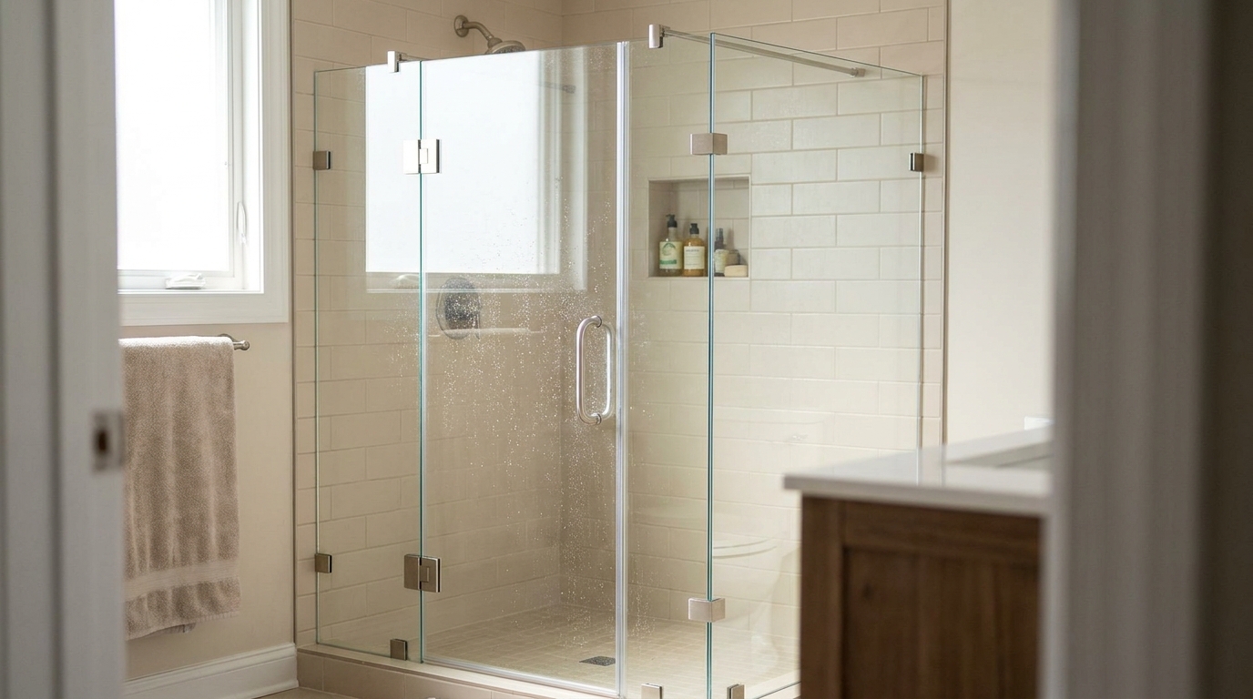 Compact secondary-bath corner shower with frameless 90-degree configuration