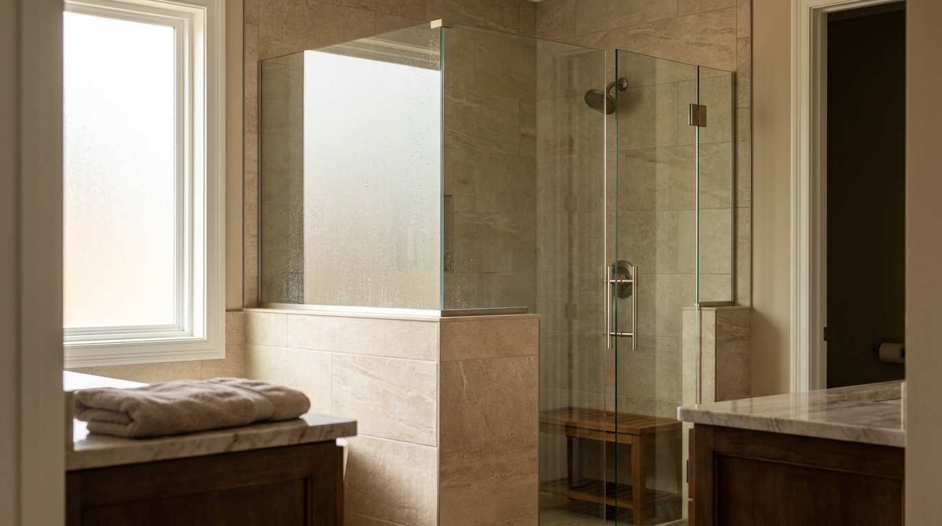Tile knee wall with frameless glass shower panel and hinged door