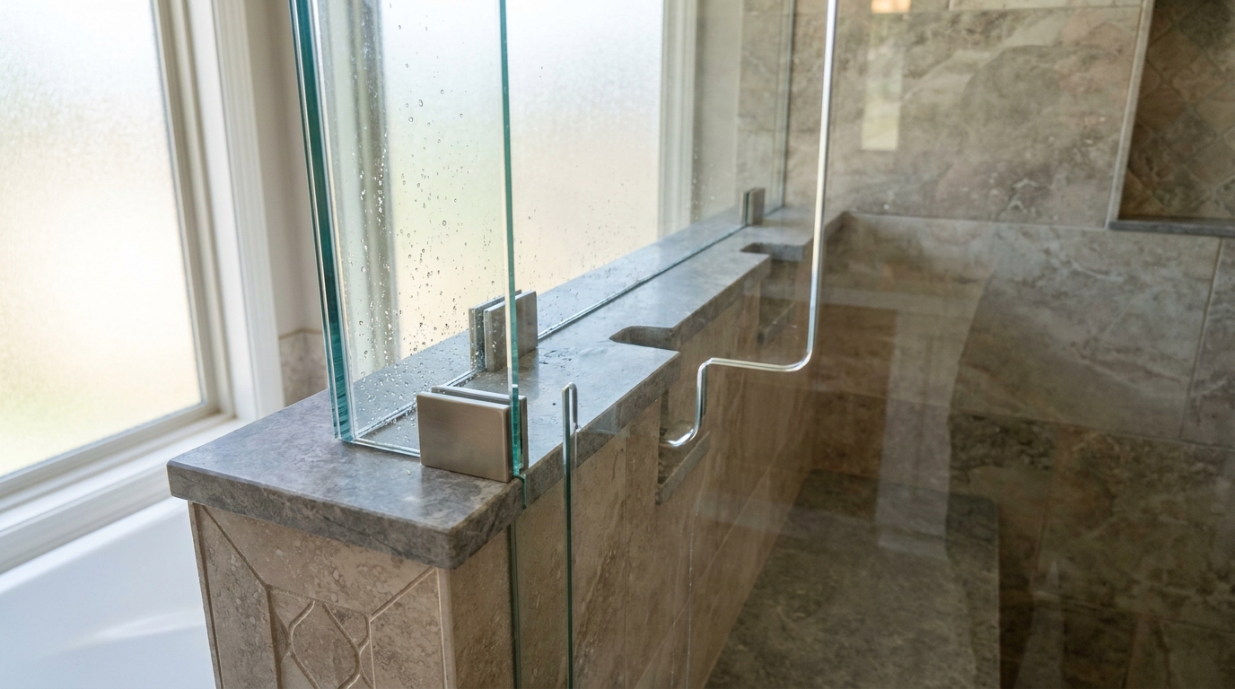 Custom triple-notch cutout in shower glass around a built-in bench