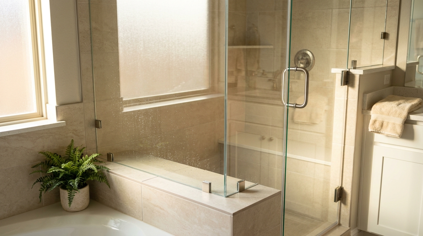 Tub-deck frameless shower with glass panel anchored to the deck