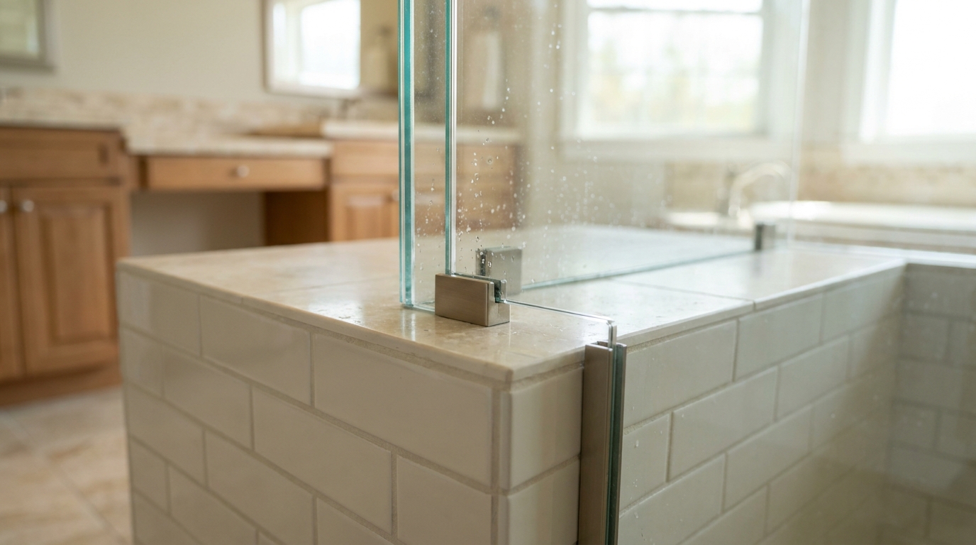 Single-notch glass detail at shower bench corner with polished edges