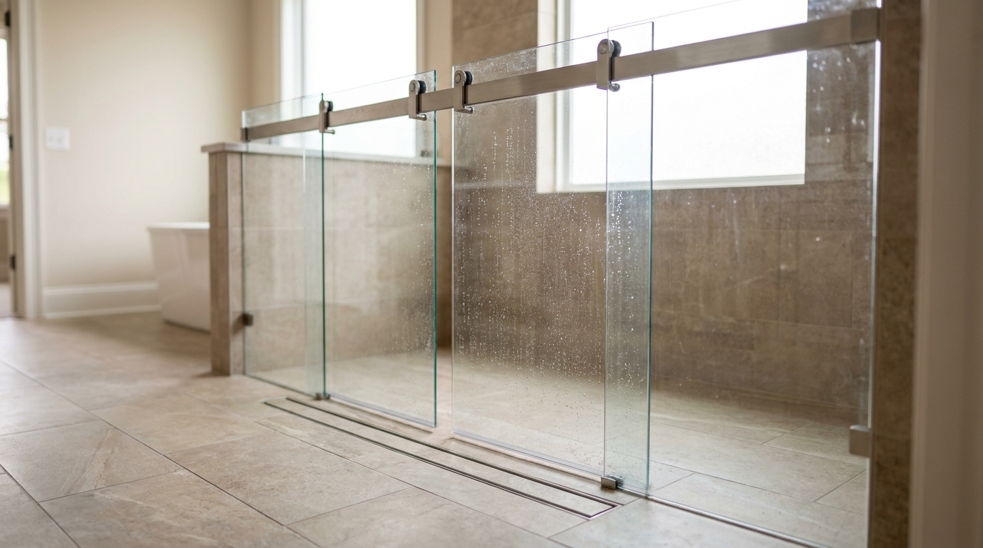 Wider 70-inch CRL Cambridge slider with linear drain and large-format porcelain