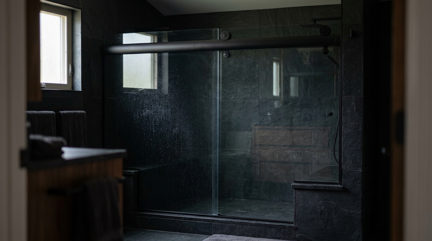 Matte black finish on CRL Crescent sliding shower in a moody dark bathroom