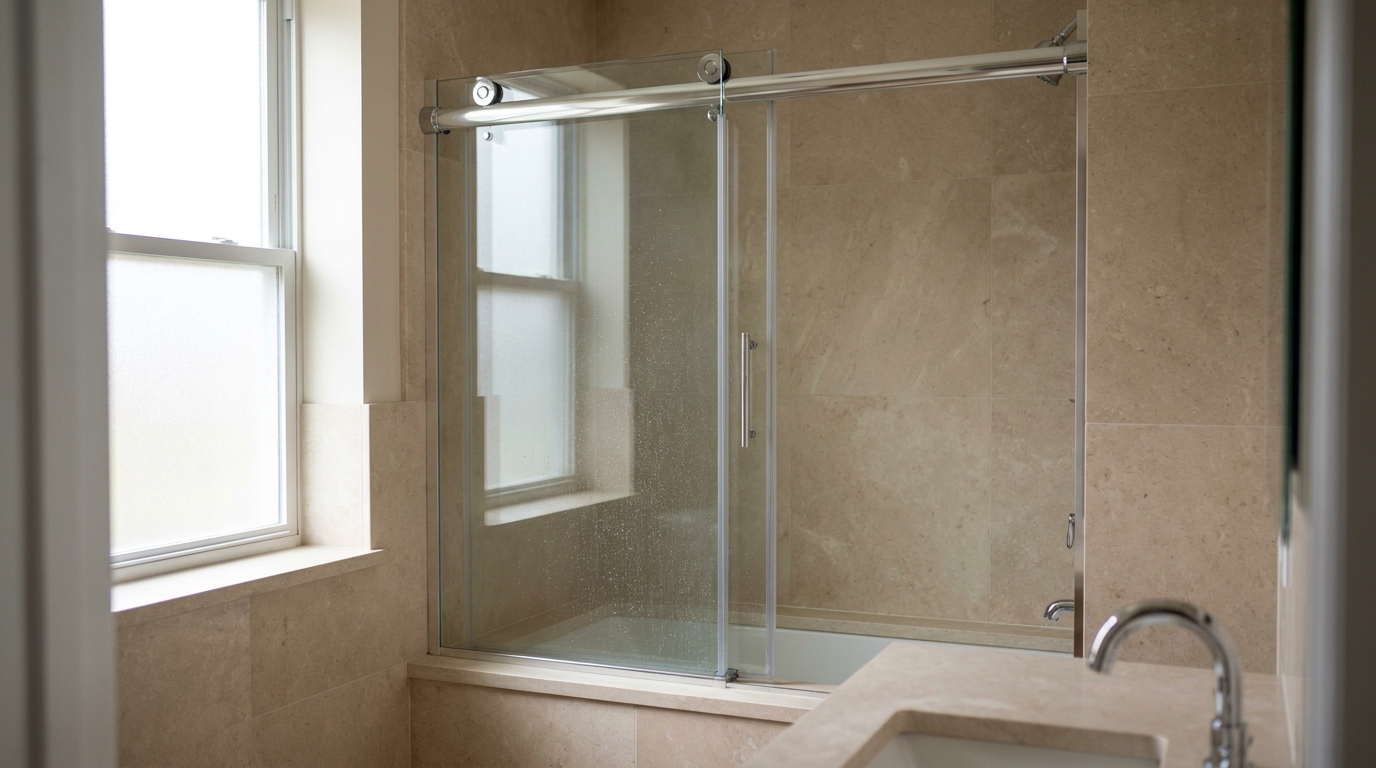 Polished chrome Crescent slider in a narrow tub-replacement shower opening
