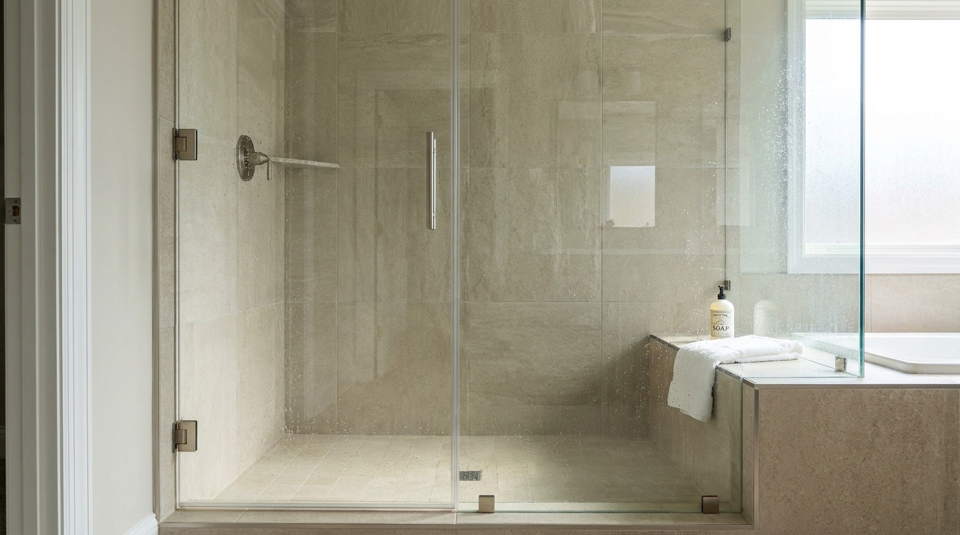 Walk-in frameless shower door and fixed panel installation in Matthews NC