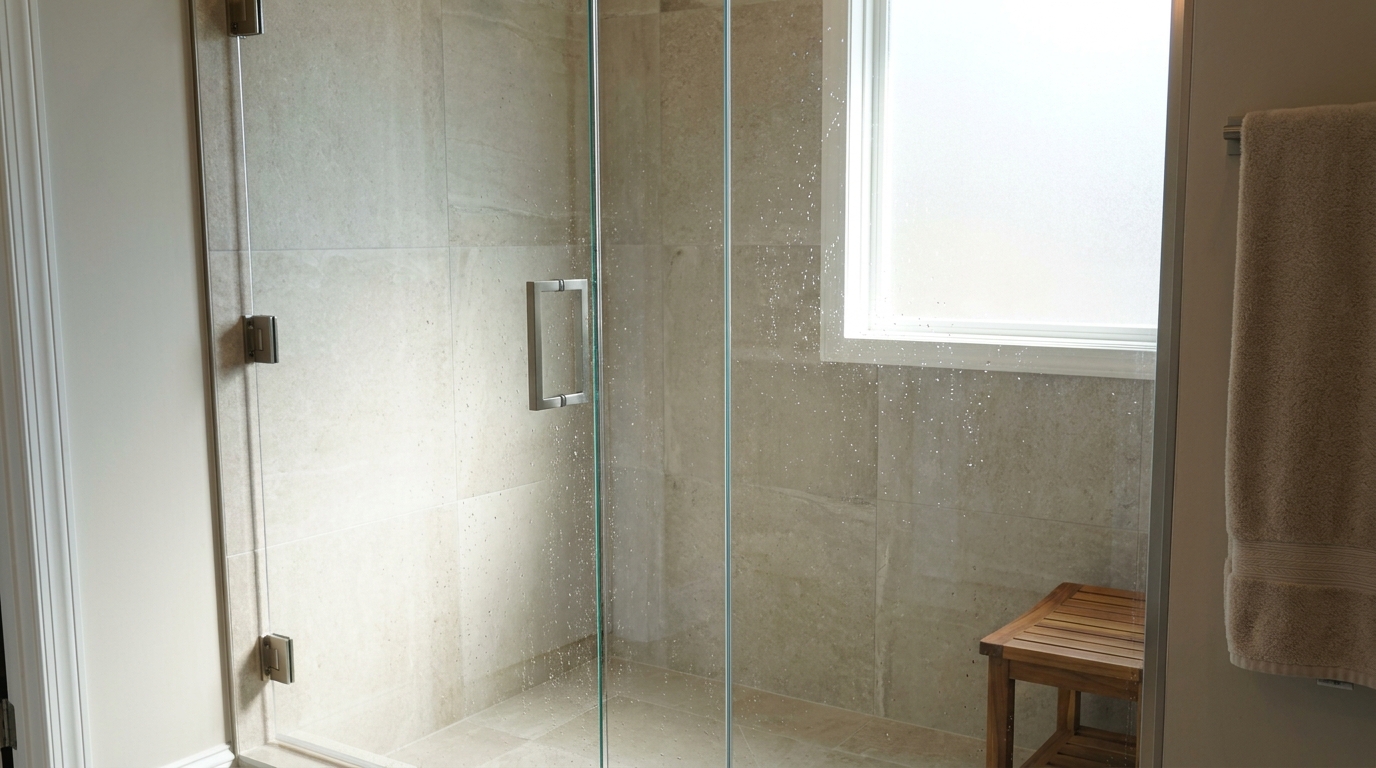 Hinged frameless door with adjacent fixed glass panel