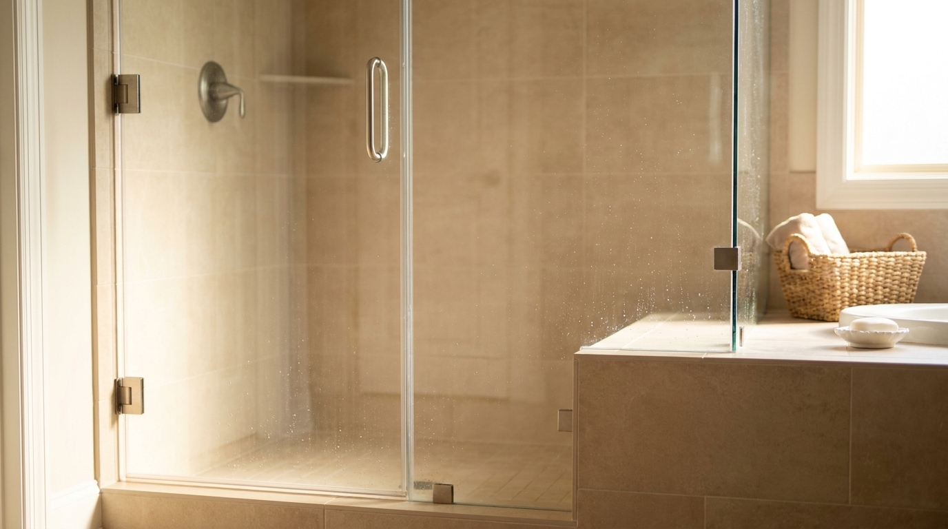Master bath frameless door and fixed panel with brushed nickel hardware