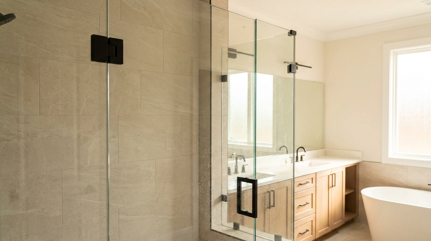 Frameless door and fixed panel install with matte black hinges