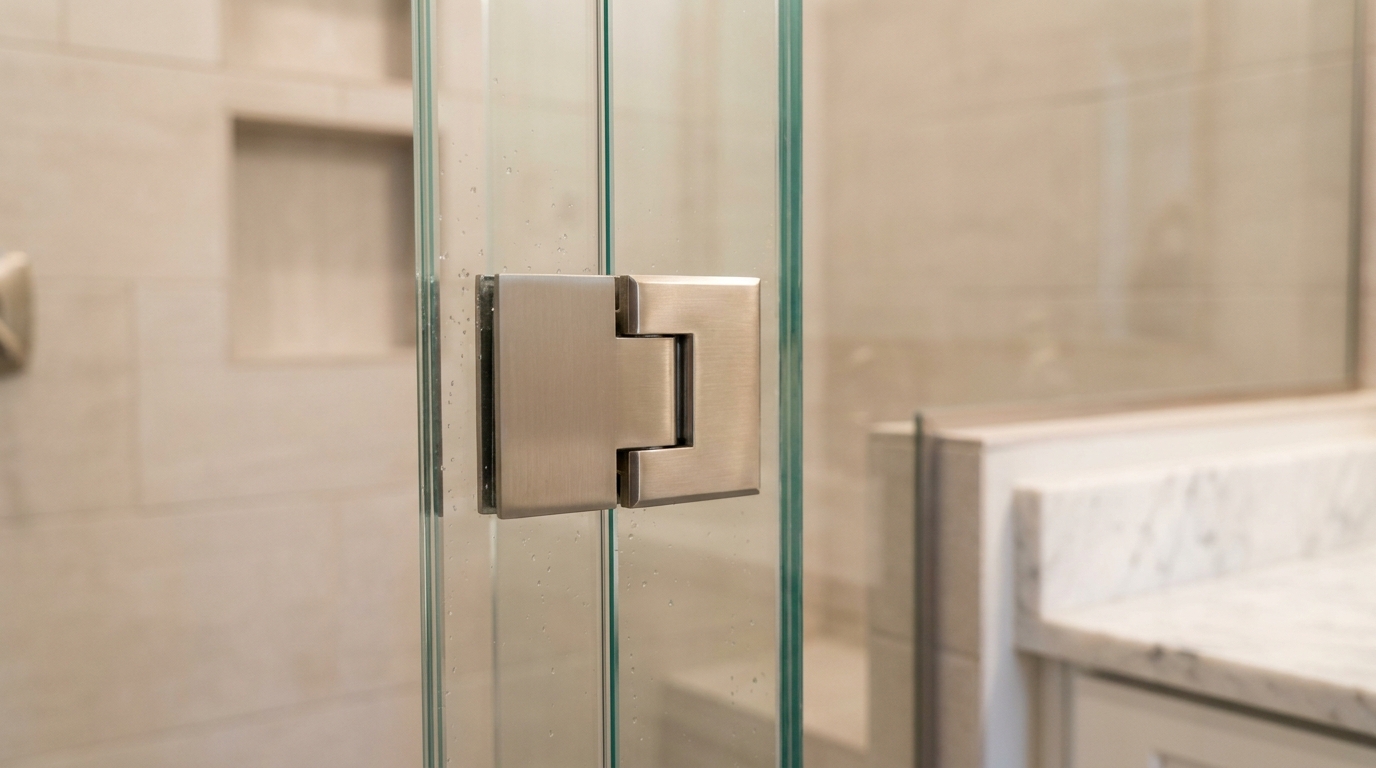 Glass-to-glass hinge detail on a frameless shower in Matthews NC