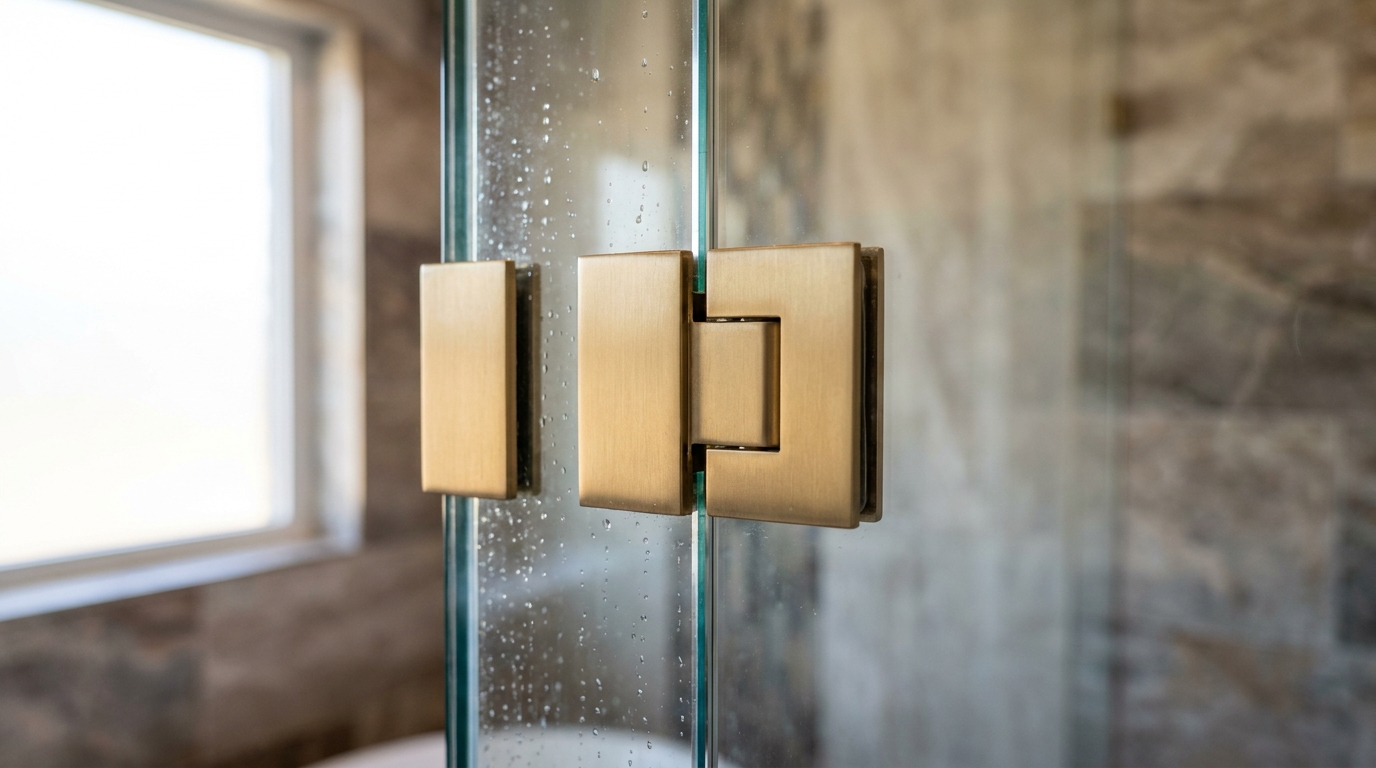 Brushed brass glass-to-glass hinge close-up