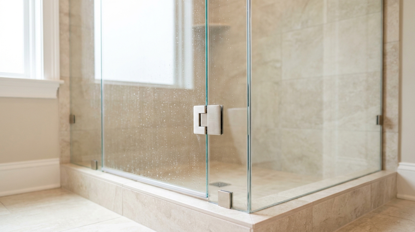 Frameless shower with door anchored to perpendicular fixed glass panel