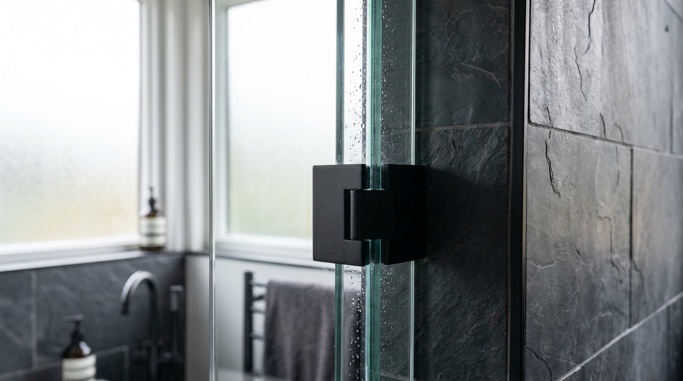 Matte black glass-to-glass hinges on a slate-tile bathroom shower