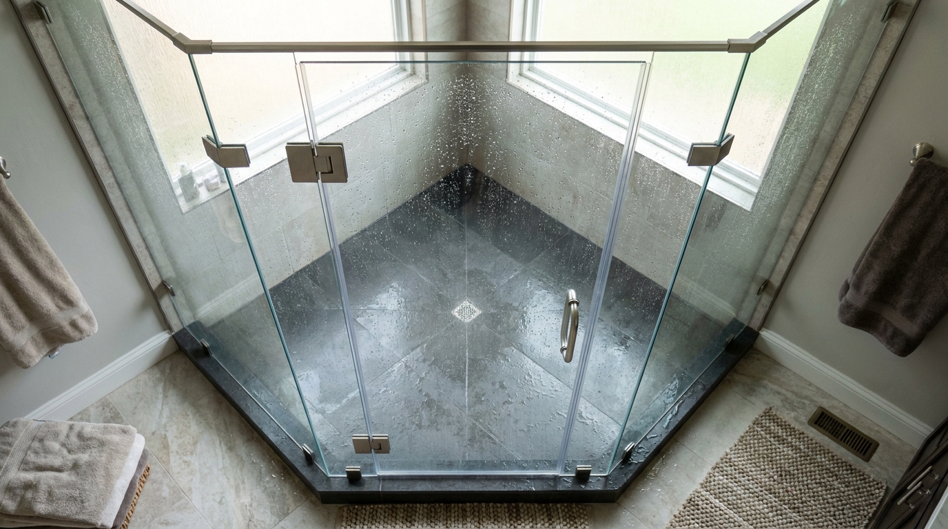 Top-down view of neo-angle shower with support header tying both panels