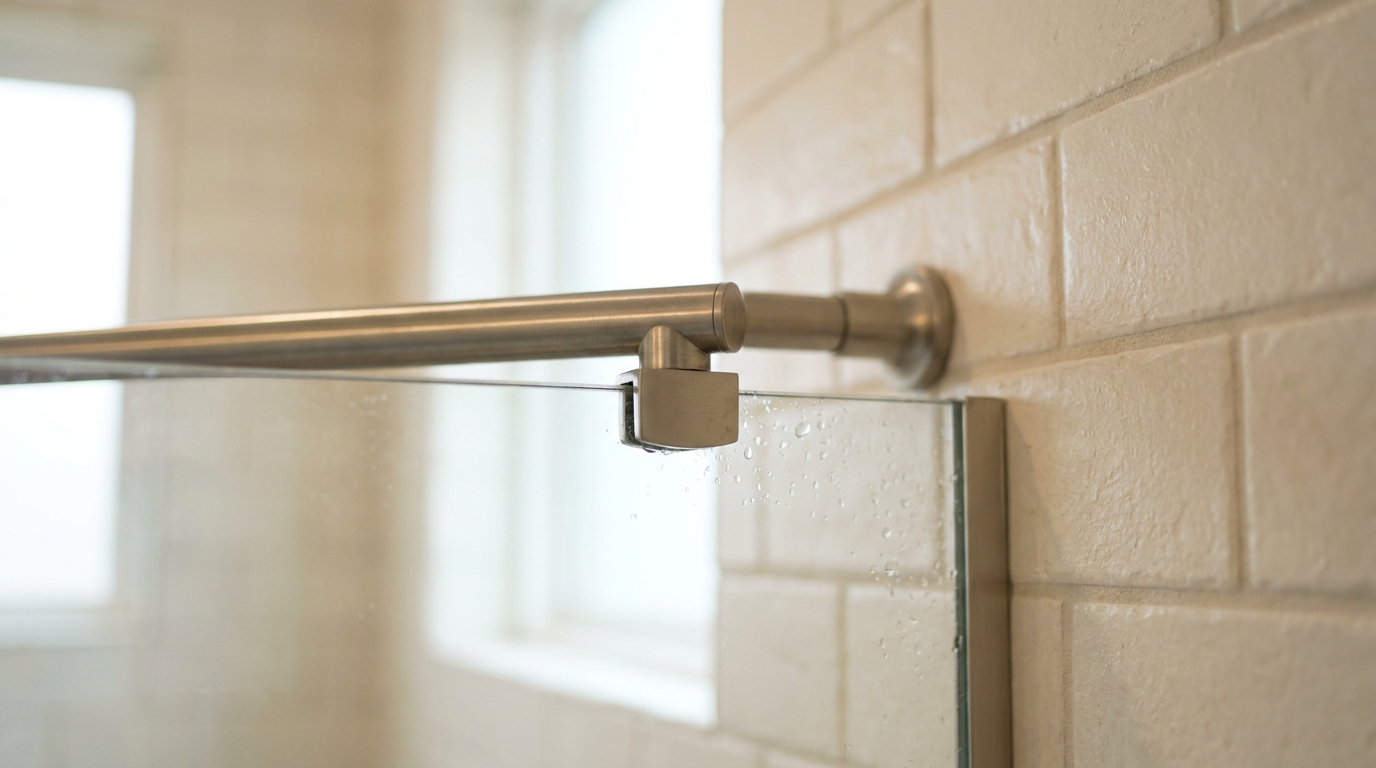 Detail of support header anchor at wall and top corner of angled glass panel