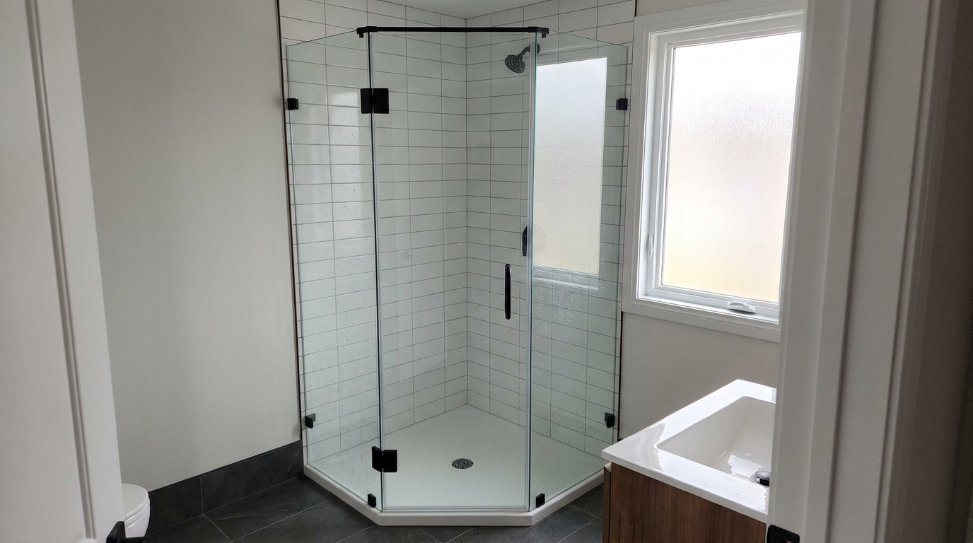 Compact powder-room neo-angle shower with matte black hardware