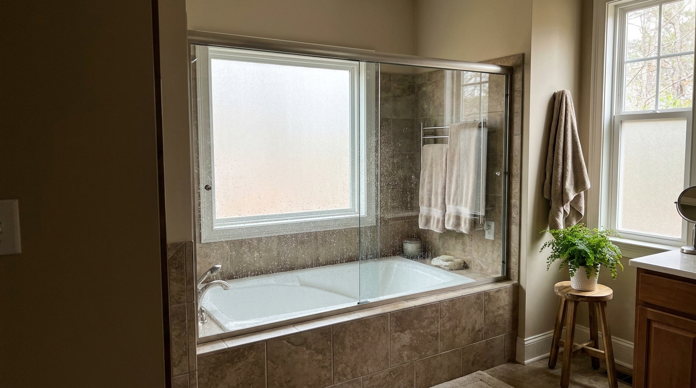 Semi-frameless 350 Deluxe bypass over a tub with brushed nickel trim