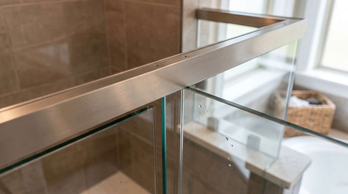 Detail of low-profile top track on a 350 Deluxe bypass sliding shower