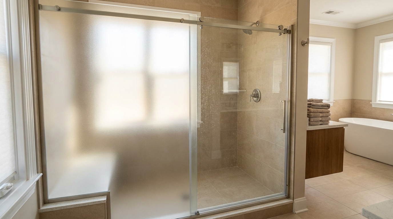 Semi-frameless 350 Deluxe shower install with frosted glass insert