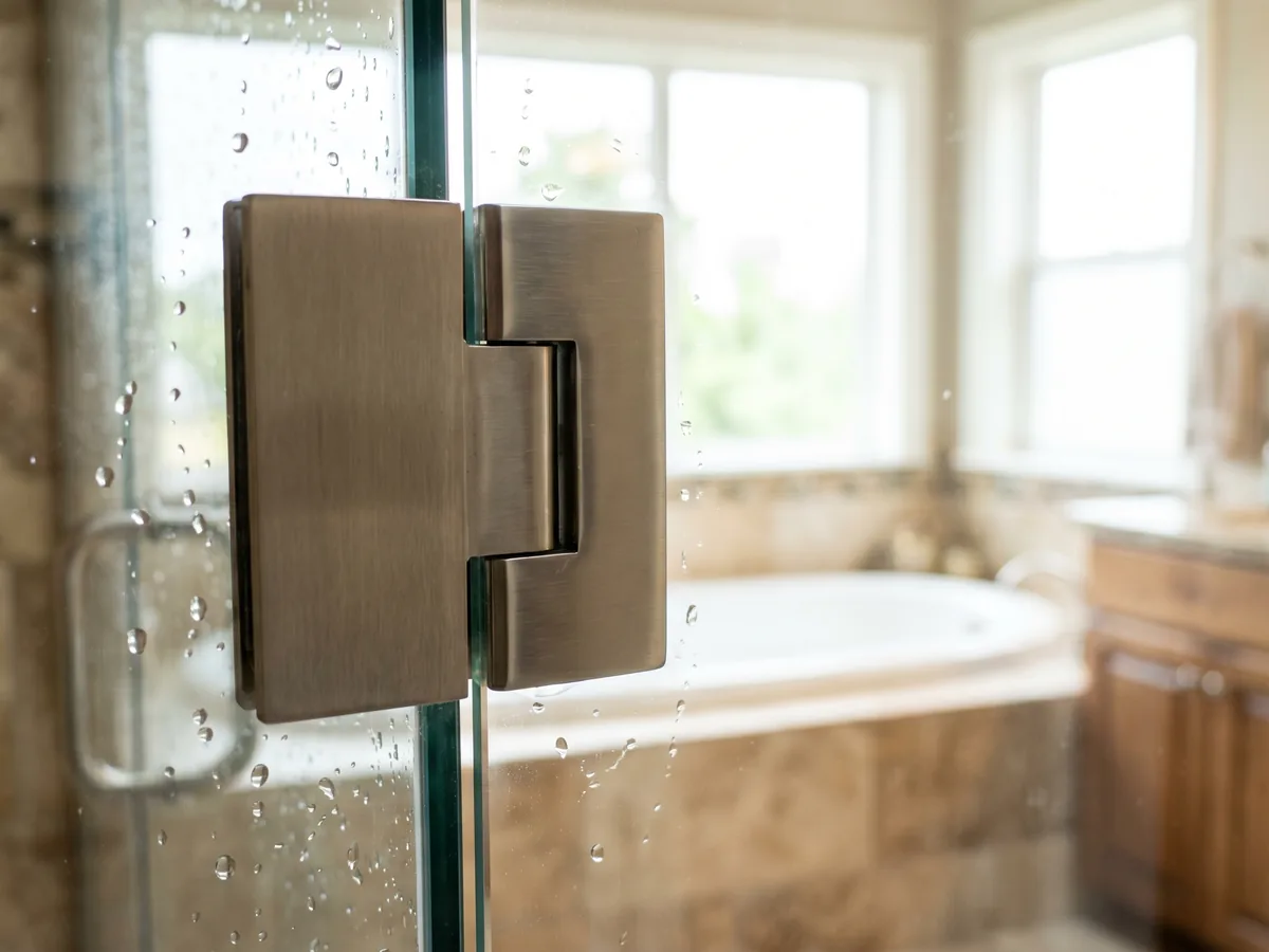 Macro close-up of premium shower door hinge and handle hardware