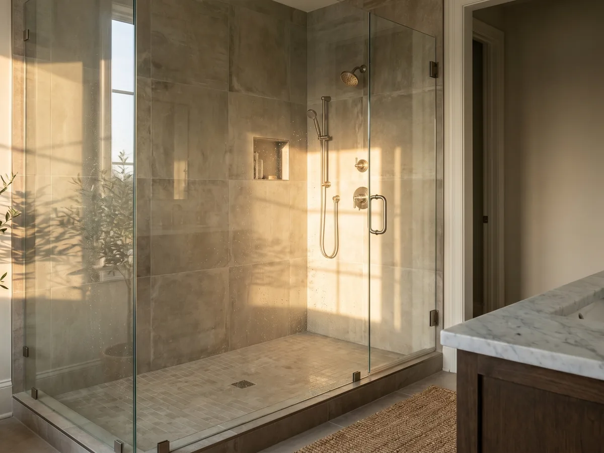 Upscale Carolinas master bath with custom frameless walk-in shower