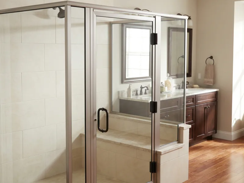 Semi-frameless shower door with aluminum framing