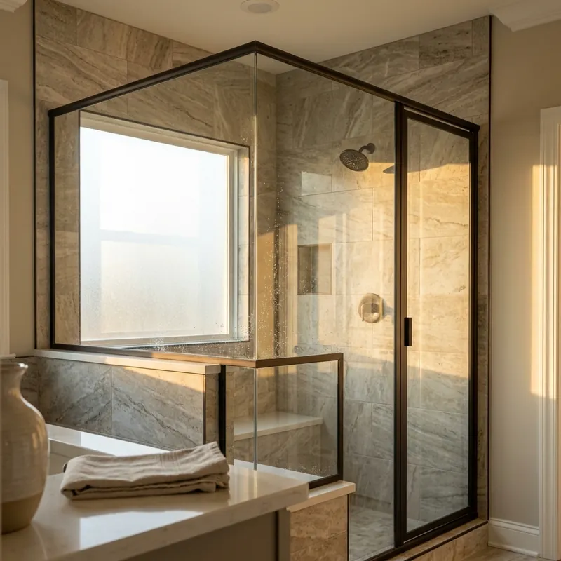 Recent semi-frameless shower door installation — alcove with oil-rubbed bronze framing