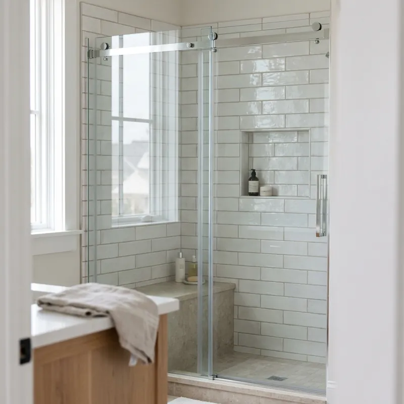 Recent semi-frameless shower door installation — slider over white subway tile with chrome hardware