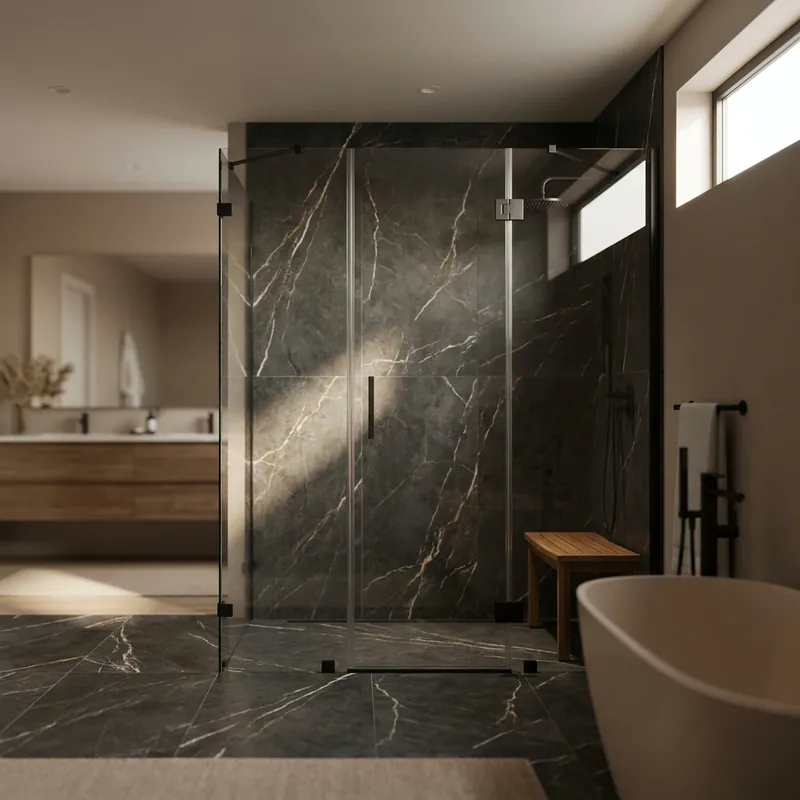 Recent semi-frameless shower door installation — curbless walk-in over dark veined tile with matte black hardware